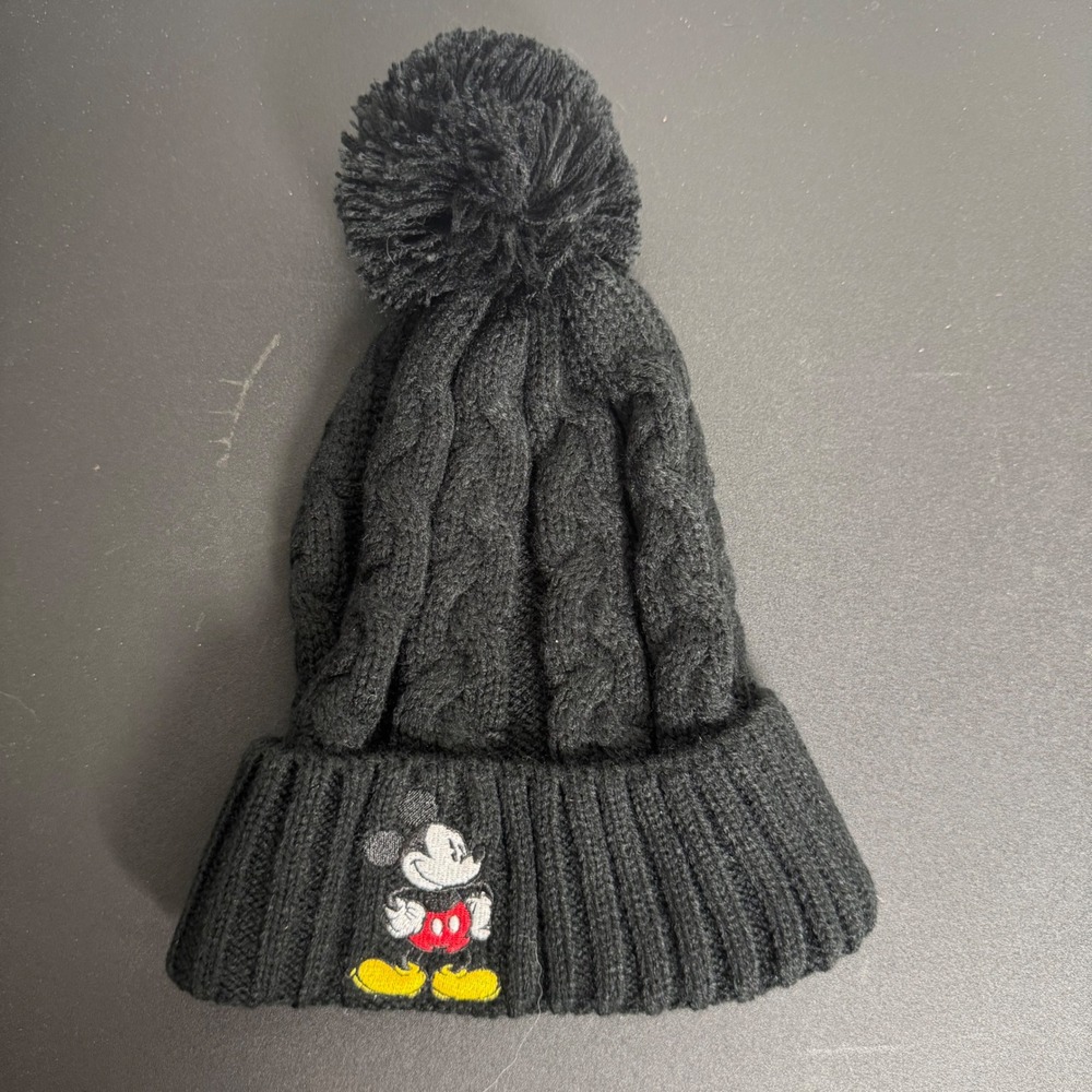 Disney Mickey Mouse Beanie Unisex One Size Black Cable Knit Pom Pom Hat
